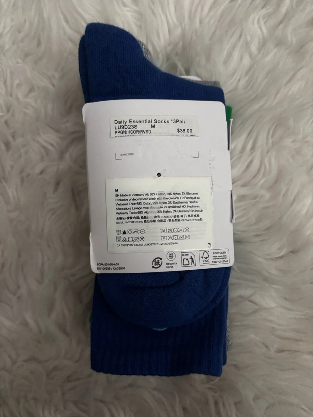 Lululemon Unisex Daily Essentials Socks *3 Pairs, Green/Grey/Blue
